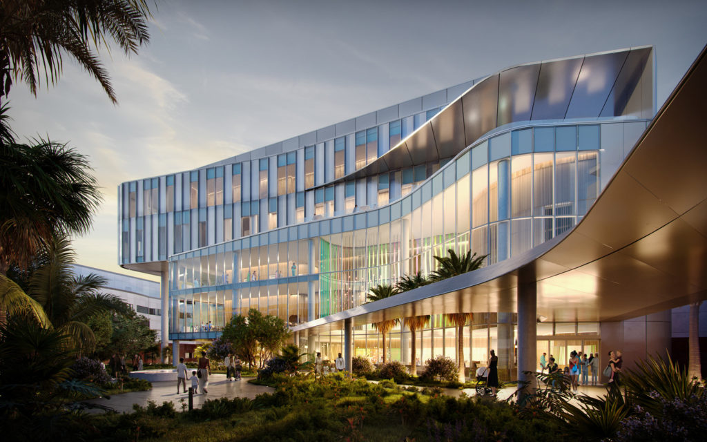 A hospital building rendering framed by planted palm trees