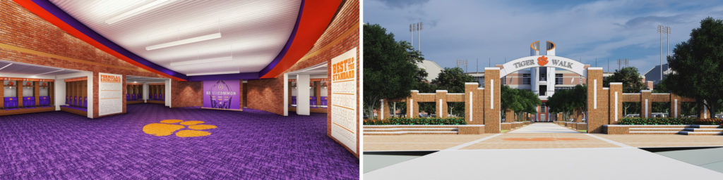 Renderings of a Clemson University football locker room, with purple carpet featuring an orange pawprint, and a walkway featuring an arch labeled Tiger Walk