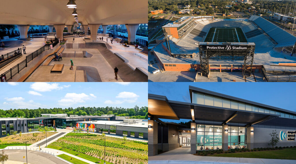 A collage of four images shows a concrete skate park under an interstate overpass; an aerial view of a football stadium; the exterior of a school at dusk; and the exterior of a low-rise commercial property with a colorful mural near the entrance.