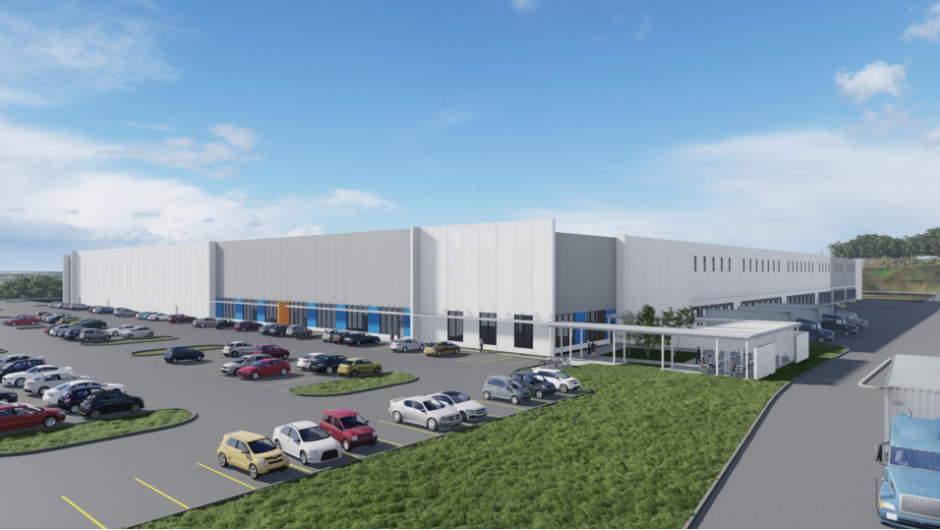 An architect's rendering of a low-rise, 350,000 sq ft cross-dock distribution center