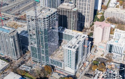 An aerial view of a tower under construction in Midtown Atlanta