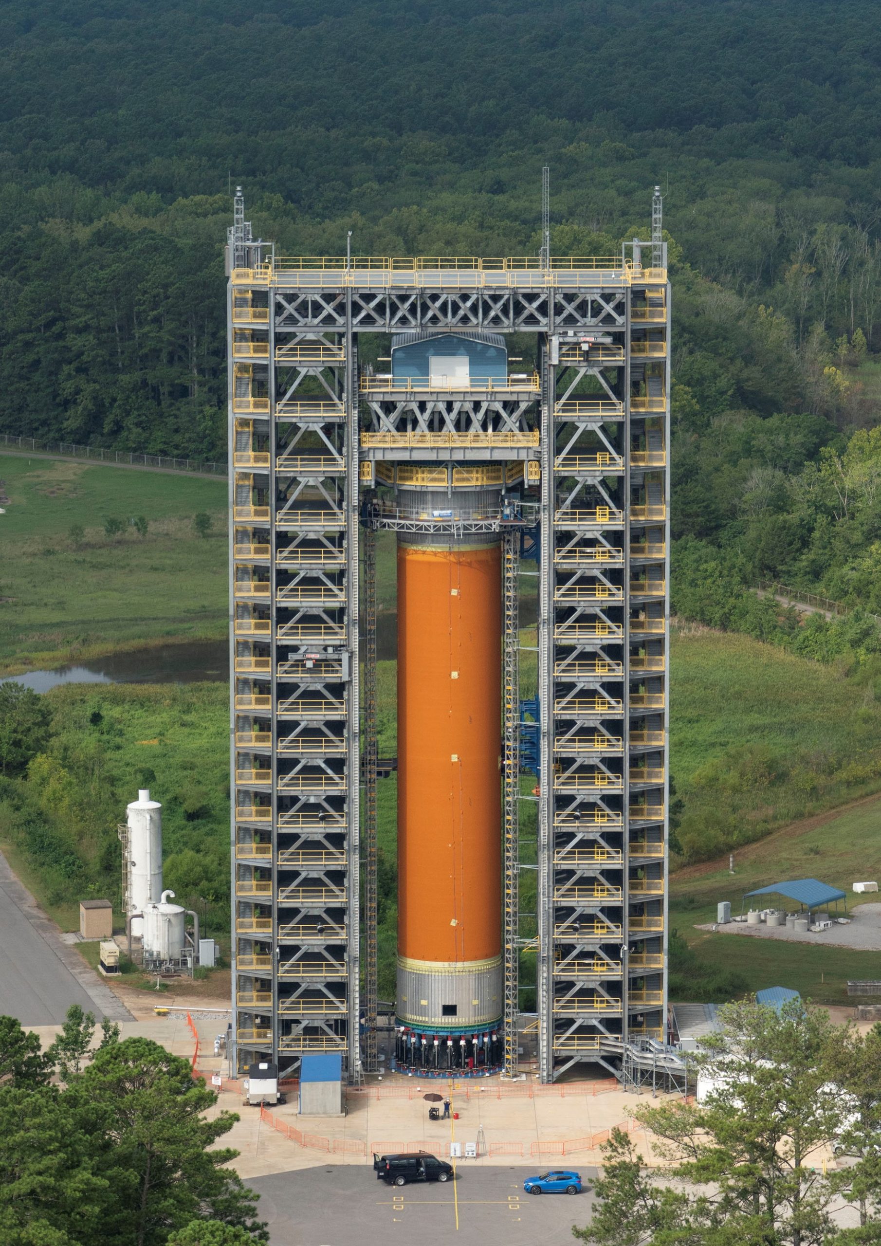 An aerial image of a space launch test stand