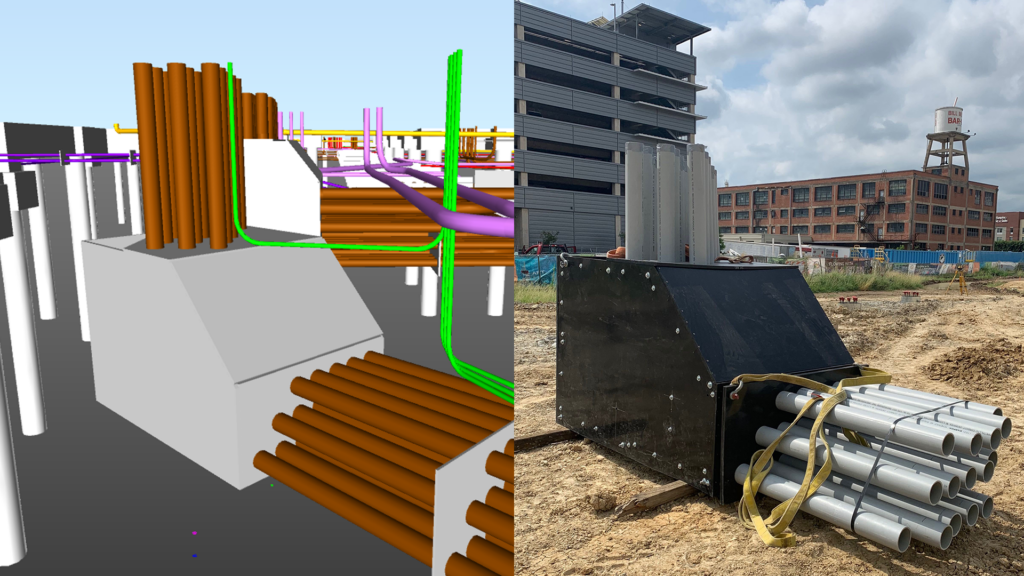 3d rendering of a construction site pipeline layout juxtaposed with a photograph of an actual construction site.