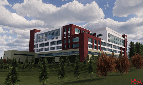Modern multi-story building, a vertical expansion by Brasfield & Gorrie for WakeMed Cary Hospital, with red and white facade surrounded by trees under a cloudy sky.