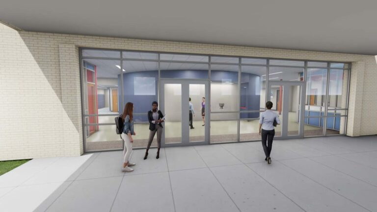 Architectural rendering of people outside the modern Jackson Preparatory School building with large windows.
