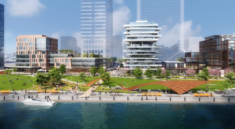 A rendering of a downtown, riverfront development in Jacksonville, Florida