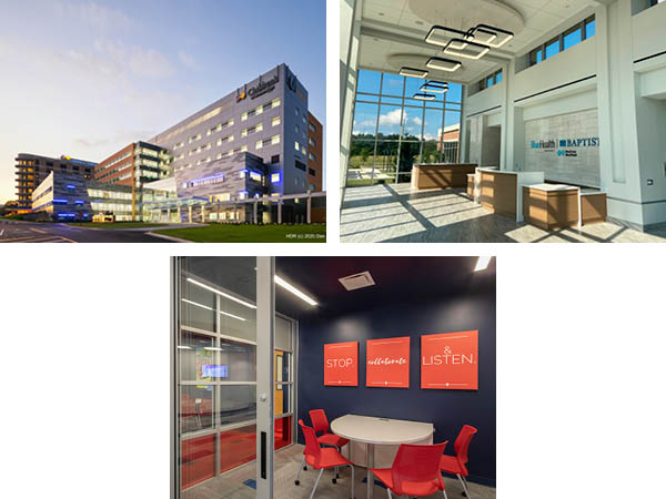 Three different views of a modern healthcare facility: an exterior shot at dusk, a spacious interior lobby, and a meeting room with bold wall graphics by Brasfield & Gorrie.