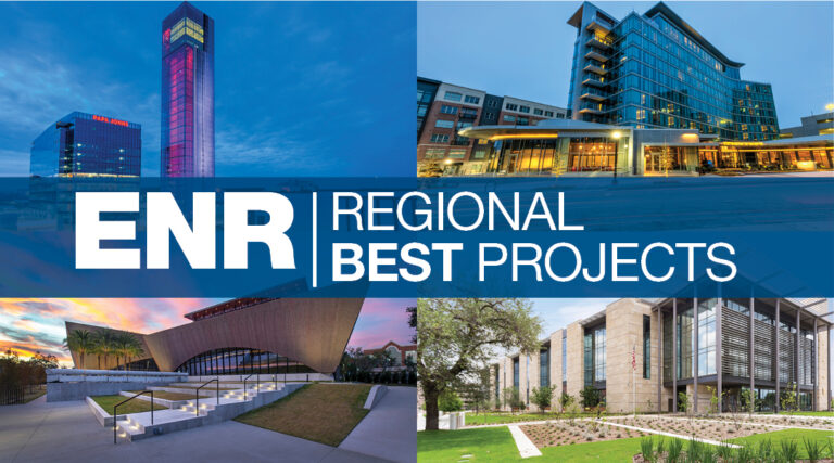 A collage showcasing four different architectural projects honored as likely winners or nominees of the ENR regional best projects awards.
