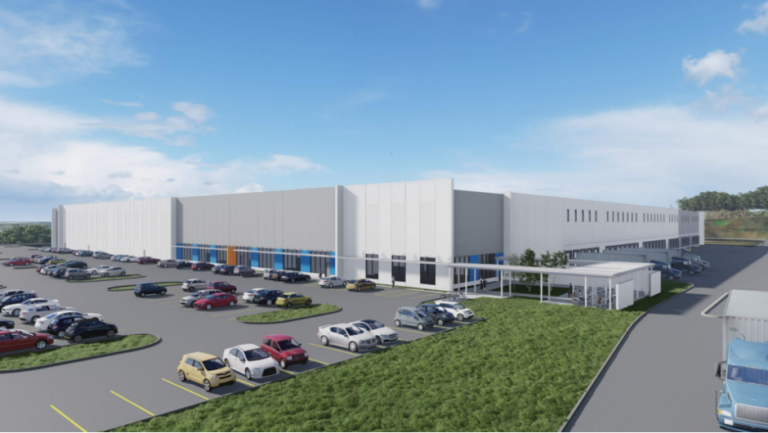 Architectural rendering of a modern distribution center in Buford, Georgia, with parking lot.