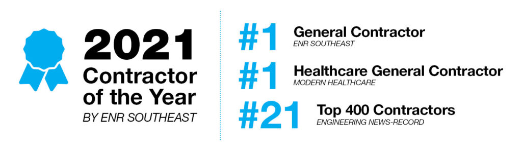 Infographics showing Brasfield & Gorrie is ENR Southeast's 2021 Contractor of the Year, #1 general contractor by ENR Southeast, #1 healthcare general contractor by modern healthcare, and 21 out of 400 top contractors by engineering news-record