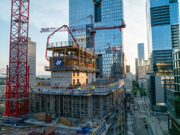 Construction workers on the scaffolding of a Brasfield and Gorrie high-rise building under construction in Nashville.