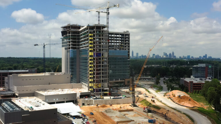 An aerial view of a healthcare facility under construction.