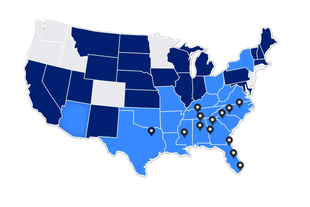 Map of the United States with various states shaded in different shades of blue and black map pins placed on several states in the southeastern region, highlighting hubs for careers and employment opportunities.