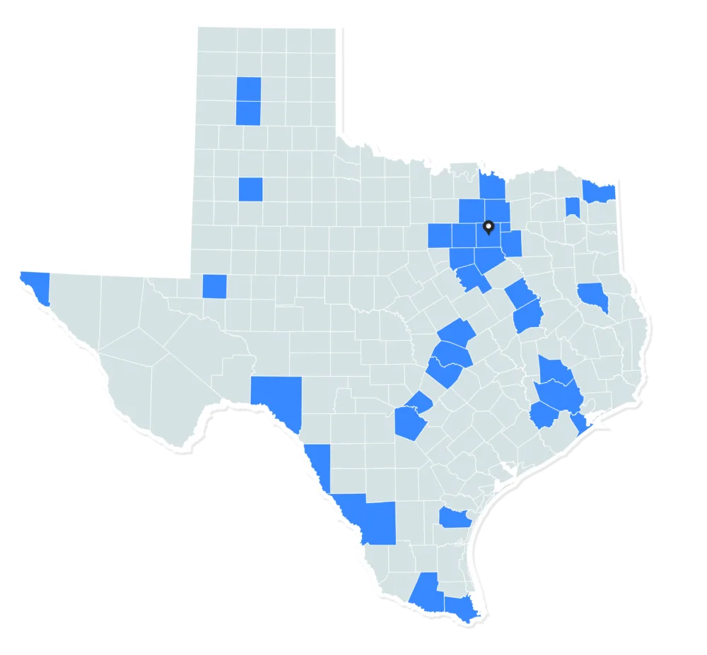 Map of Texas with certain counties highlighted in blue, mainly clustered in the northeast, central, and southern regions, indicating places Brasfield & Gorrie has built. A marker is positioned in north-central Texas, illustrating Brasfield & Gorrie's Dallas office.