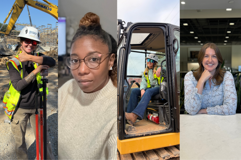 A glimpse into Women in Construction: four women showcase a Day in the Life, from working on-site and operating equipment to excelling at the office and indoors with glasses.
