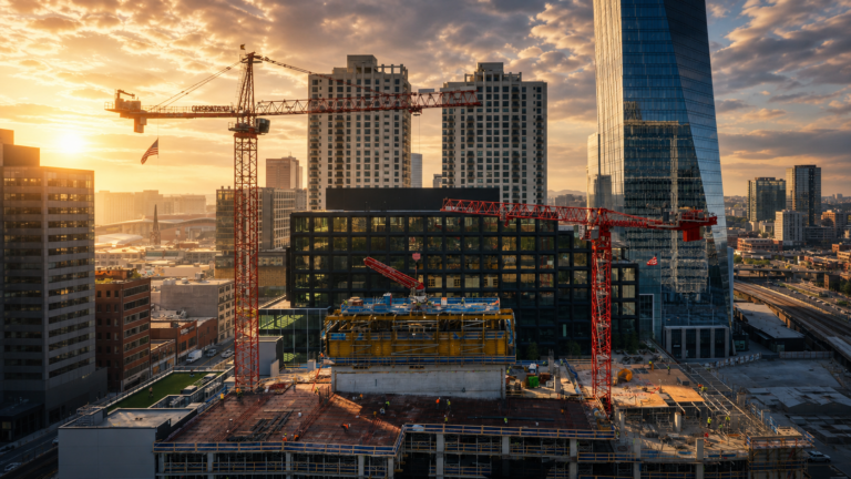 Two red cranes operate at a downtown construction site managed by Brasfield & Gorrie, surrounded by tall buildings at sunrise, with the cityscape and cloudy sky in the background.