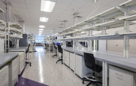 A row of laboratory spaces inside a newly built biotech facility
