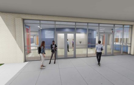 An architectural rendering of the entry to a junior high school