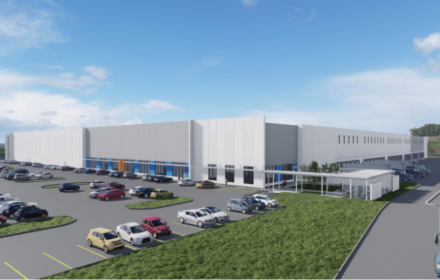An architect's rendering of a low-rise, 350,000 sq ft cross-dock distribution center