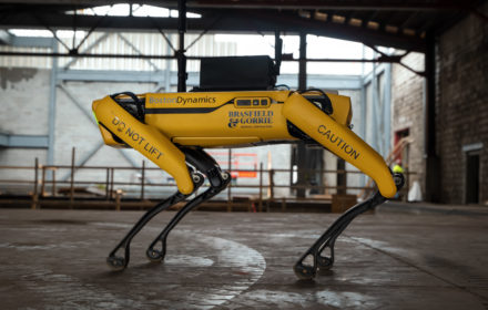 The agile mobile robot Spot stands on a construction jobsite
