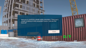 The opening screen of a video game in which players identify possible hazards on a construction jobsite