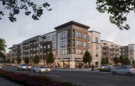 Architect's rendering of a four-story mixed-use development