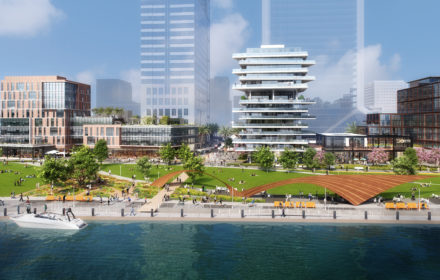 A rendering of a downtown, riverfront development in Jacksonville, Florida