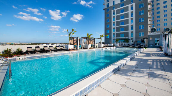 Pool deck at a multifamily tower.