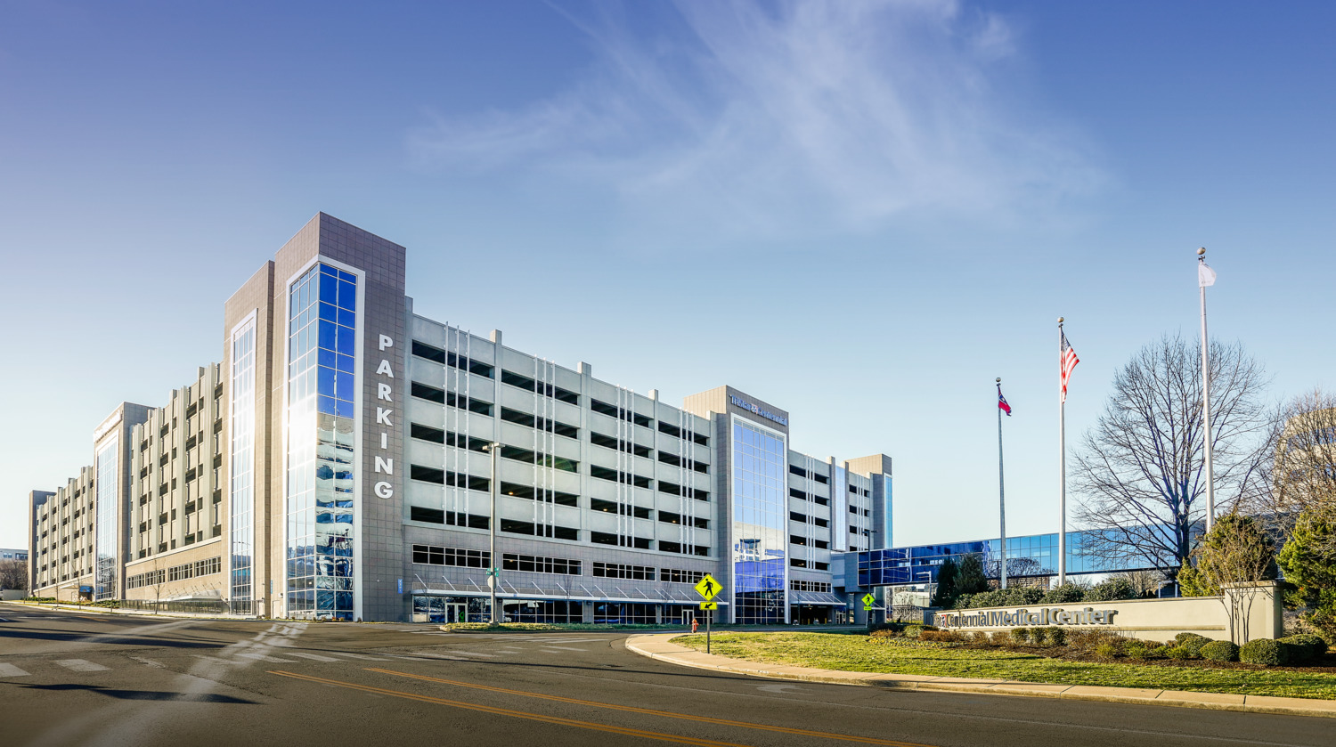 Eight-level, 1 million sq ft precast parking deck with 2,280 spaces; pedestrian bridge connecting the garage to the hospitalâ€™s main tower