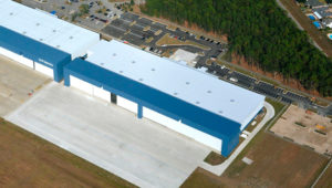 Aerial view of an airport hangar