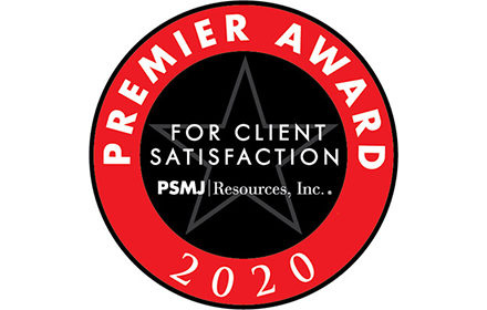 Premier Award for Client Satisfaction logo featuring a red circle surrounding a black field with a faint gray star